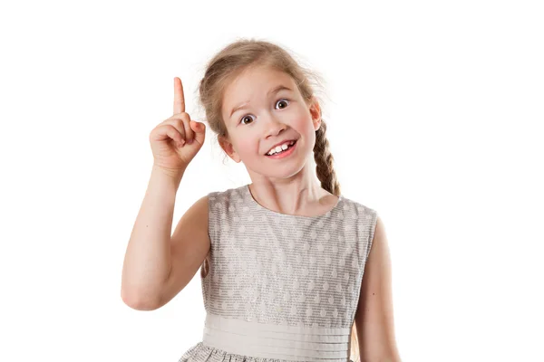 Radostné dívka ukazuje prstem — Stock fotografie