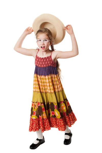 Girl catches the hat — Stock Photo, Image