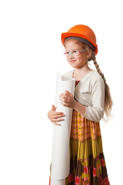 Ragazza in casco tiene un rotolo — Foto Stock