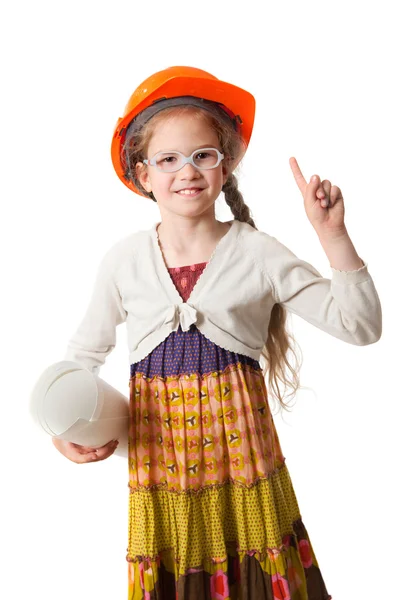 Girl in the helmet with the blueprint — Stock Photo, Image