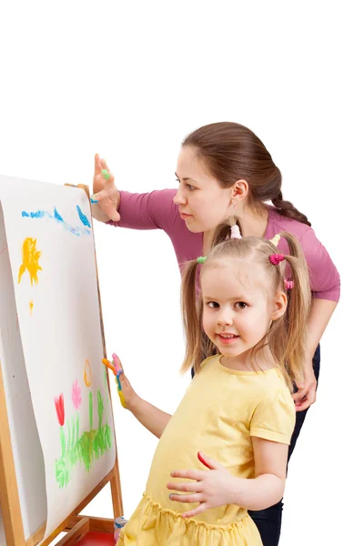 Woman and little girl drawing by fingers — Stock Photo, Image