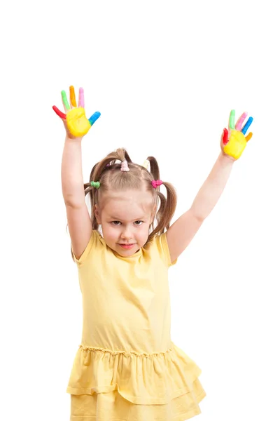 Açık renklerle boyalı parmak ile kız — Stok fotoğraf