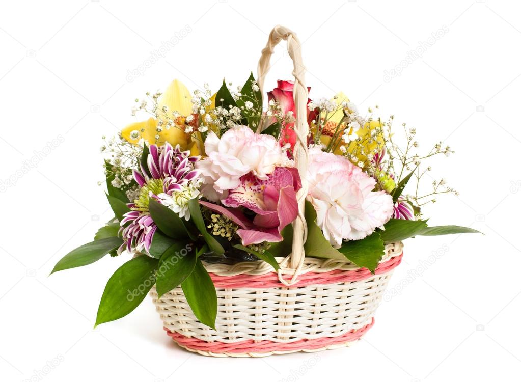 wicker basket of mixed flowers