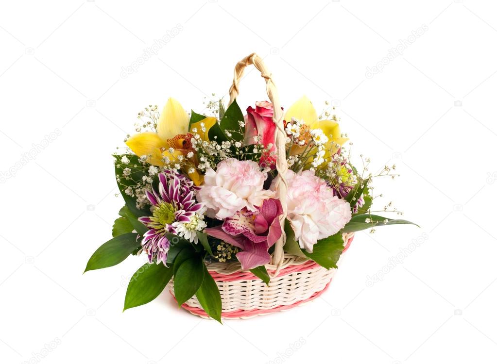 wicker basket of mixed flowers