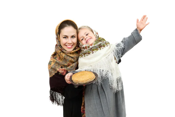 Woman with girl in russian kerchiefs — Stock Photo, Image