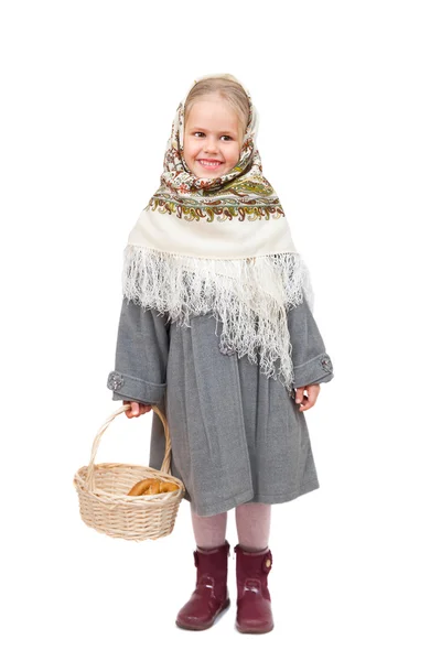 Small   girl with wicker basket — Stock Photo, Image