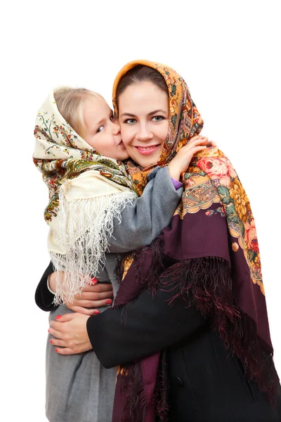 Madre con hija usando pañuelos rusos —  Fotos de Stock