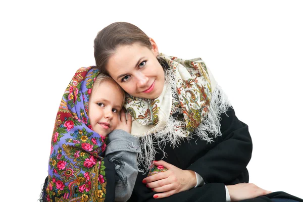 Mother with daughter wearing russian kerchiefs — Stock Photo, Image