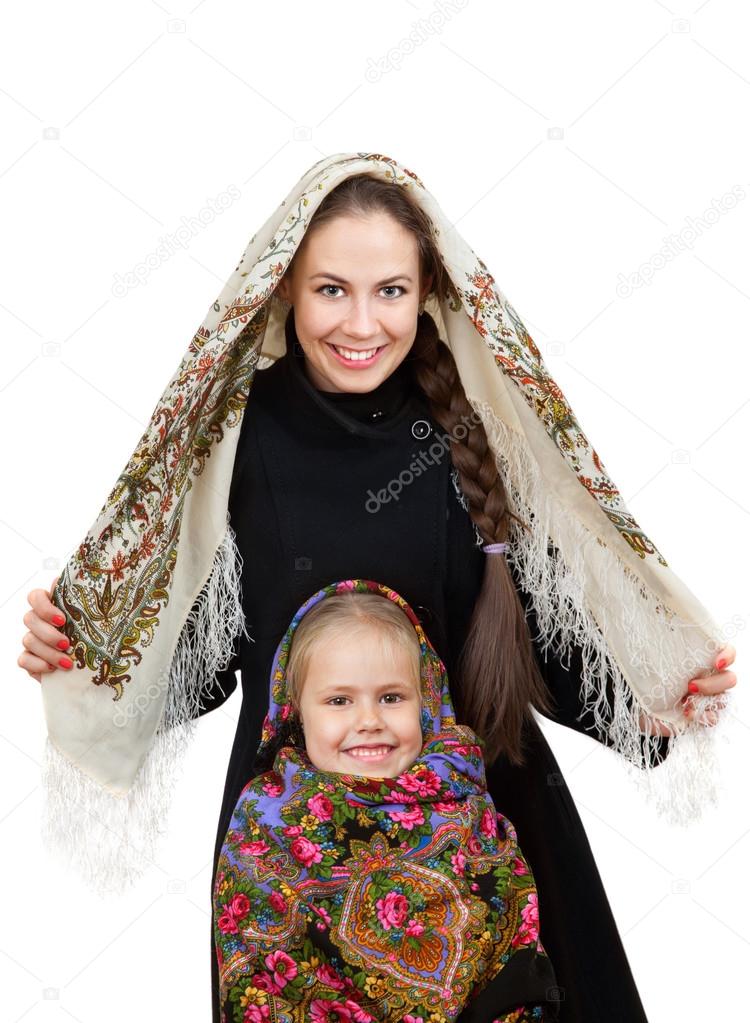 mother with daughter wearing russian kerchiefs