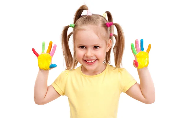 Meisje met geschilderde handen — Stockfoto
