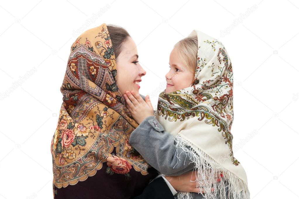 mother with daughter wearing kerchiefs
