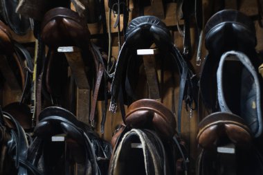 Duvarda asılı deri at eyerleri