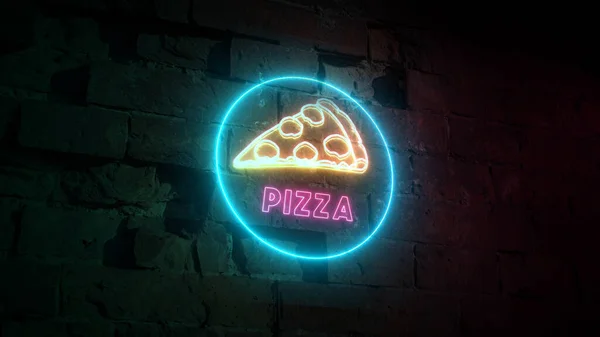 Pizza neon znak na tle cegły ściany, element projektu, oświetlony baner, neon reklamowy znak, reklama nocna. przestrzeń kopiowania — Zdjęcie stockowe