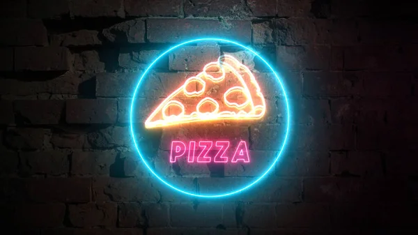 Sinal de néon de pizza no fundo da parede de tijolo, elemento de design, banner iluminado, sinal de néon de publicidade, propaganda noturna. espaço de cópia — Fotografia de Stock