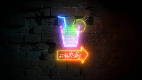 Neonowy znak koktajlowy, jasny szyld, świecący sztandar. Logo koktajlu, symbol miejsca kopiowania — Zdjęcie stockowe