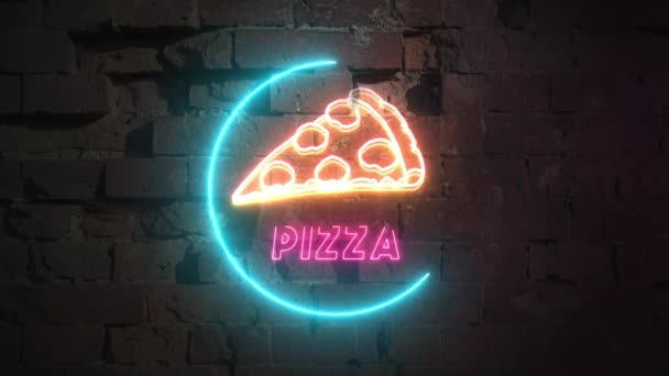 Panneau de pizza néon sur fond de mur de briques. Lumineux grande animation lumineuse style vintage publicité. — Video