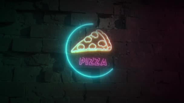 Pizza neon znak na tle cegły ściany. Świecące duże światło animacja reklama vintage styl. — Wideo stockowe