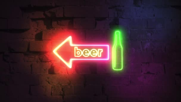 Sebuah tanda bir neon pada latar belakang dinding bata menunjukkan sebuah klub malam, bar atau pub. Tanda-tanda tempat pembuatan bir untuk kafe atau restoran - 4k — Stok Video