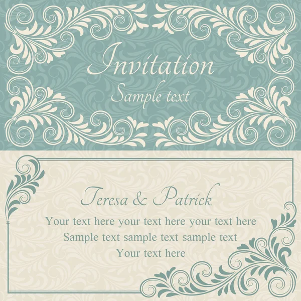 Baroque wedding invitation, blue and beige — Stock Vector