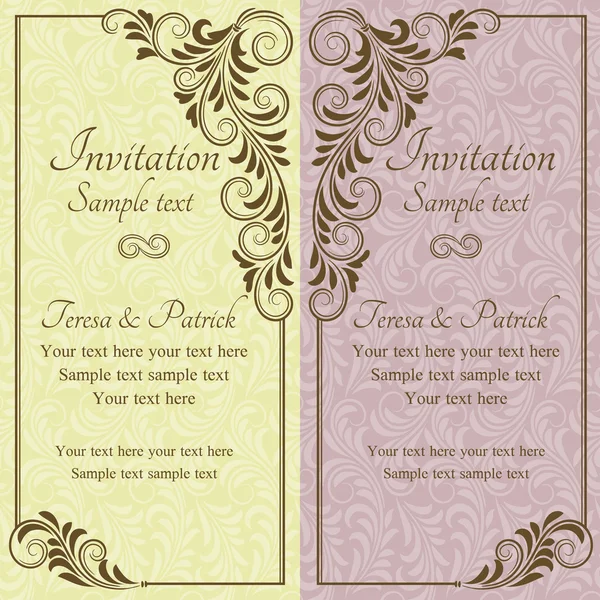 Barokke bruiloft uitnodiging, roze en geel — Stockvector