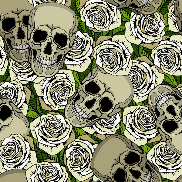 Nahtloses Muster mit Totenköpfen und weißen Rosen Vektorgrafiken