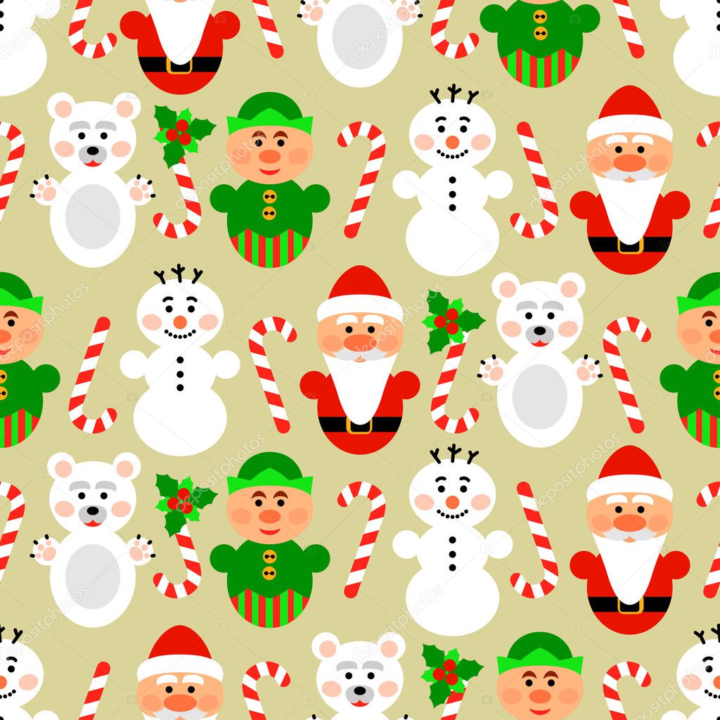 Christmas seamless pattern with characters, beige
