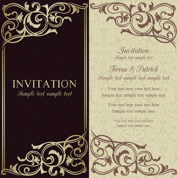 Invitación barroca, marrón oscuro y beige — Vector de stock
