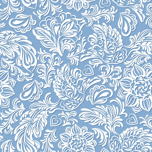 Barokke patroon met vogels en bloemen, blauw — Stockvector