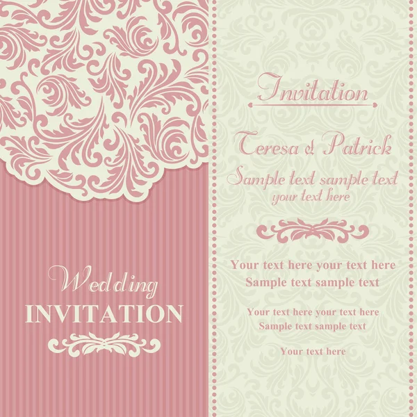 Barock bröllopsinbjudan, rosa och beige — Stock vektor