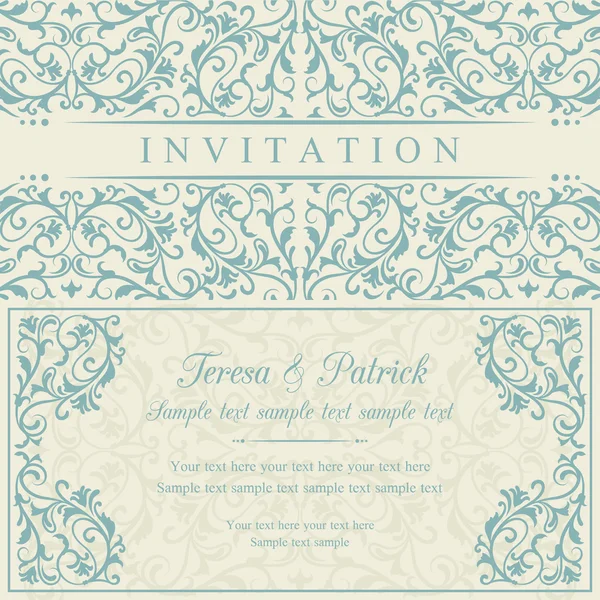 Invitación barroca, azul y beige — Vector de stock