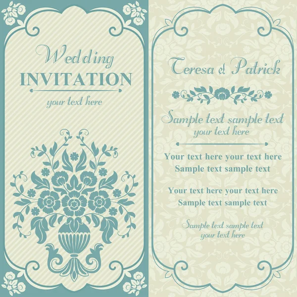 Barock bröllopsinbjudan, blå och beige — Stock vektor