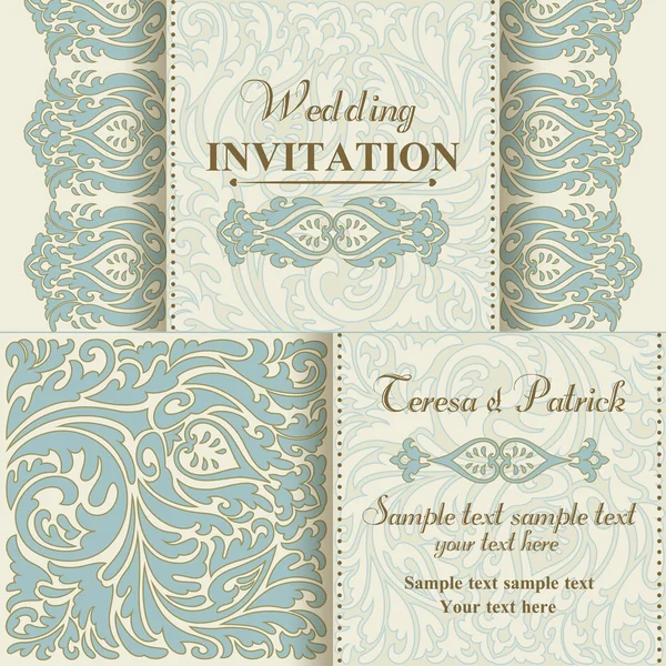 Invitación de boda barroca, azul y beige — Vector de stock
