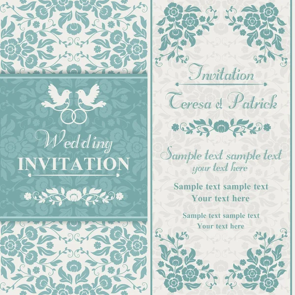 Baroque wedding invitation, blue and beige — Stock Vector