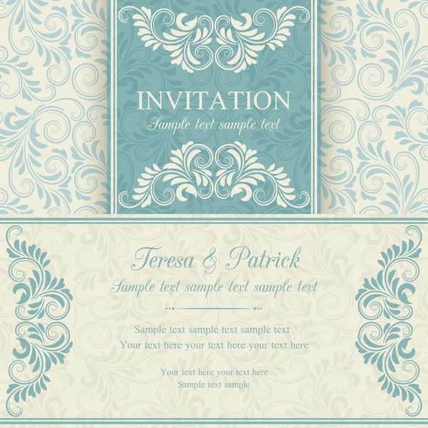 Invitación barroca, azul y beige — Vector de stock