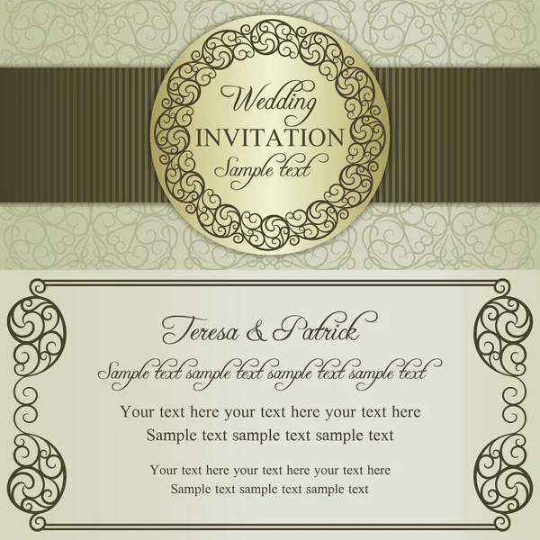 Invitación de boda barroca, marrón y beige — Vector de stock