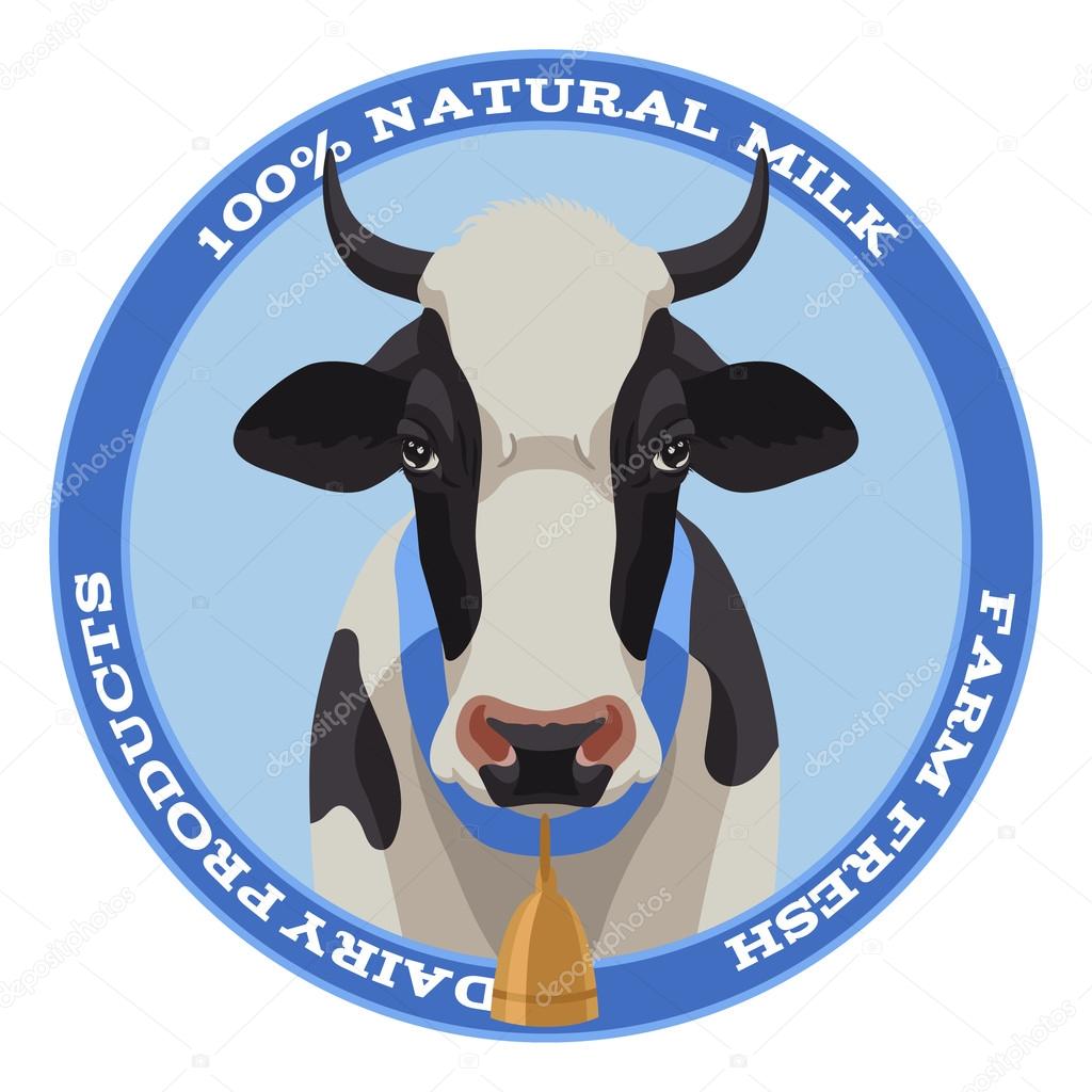 Black and white cow label with bell, front view, blue style