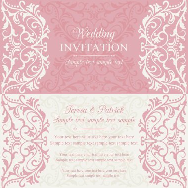 Barok düğün davetiyesi, pembe ve bej