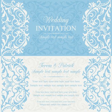 Barok düğün davetiyesi, mavi ve bej