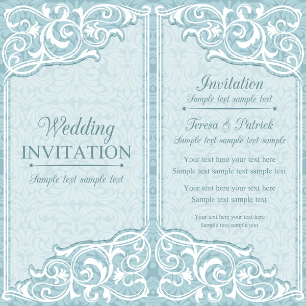 Invitation de mariage baroque, bleu et blanc — Image vectorielle