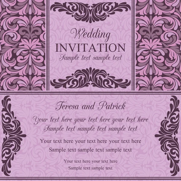 Baroque wedding invitation, violet and pink — Stock Vector
