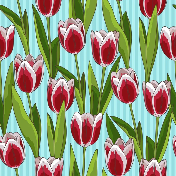 Red tulip seamless pattern, blue background — Stock Vector