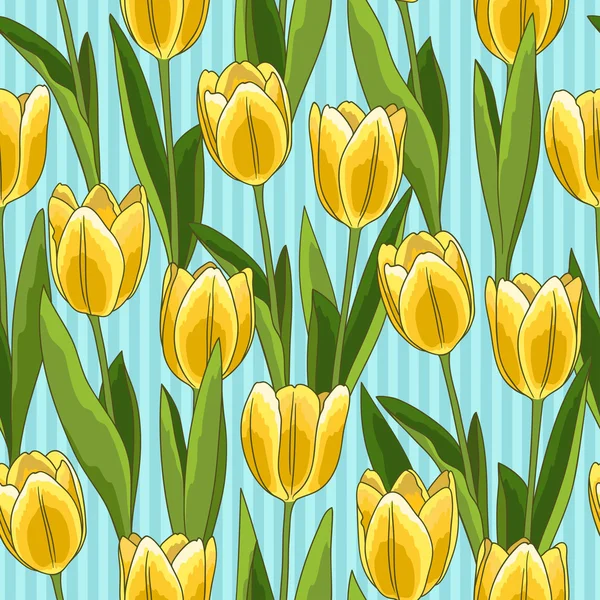 Yellow tulip seamless pattern, blue background — Stock Vector