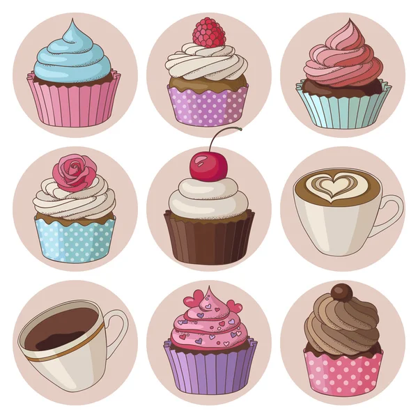 Cupcakes e café conjunto isolado —  Vetores de Stock