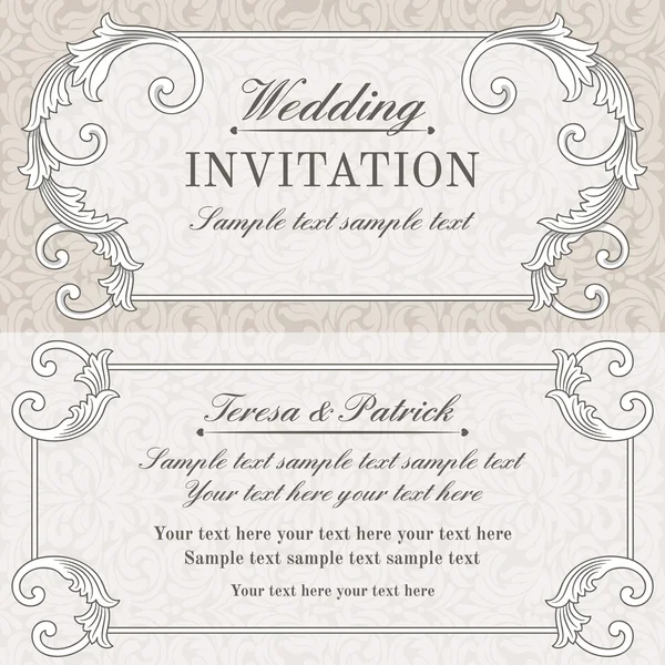 Invitación de boda barroca, gris y beige — Vector de stock