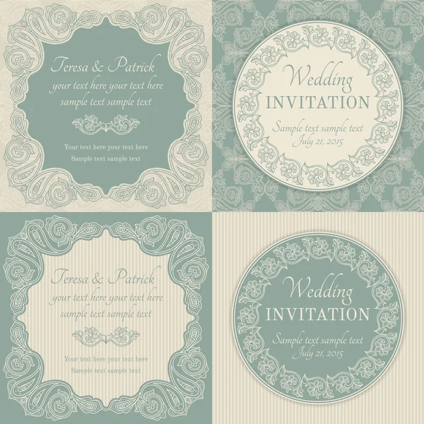 Conjunto de invitación de boda barroca, azul y beige — Vector de stock