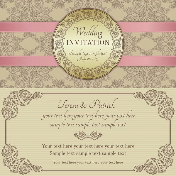 Invitation de mariage baroque, or, marron et beige — Image vectorielle