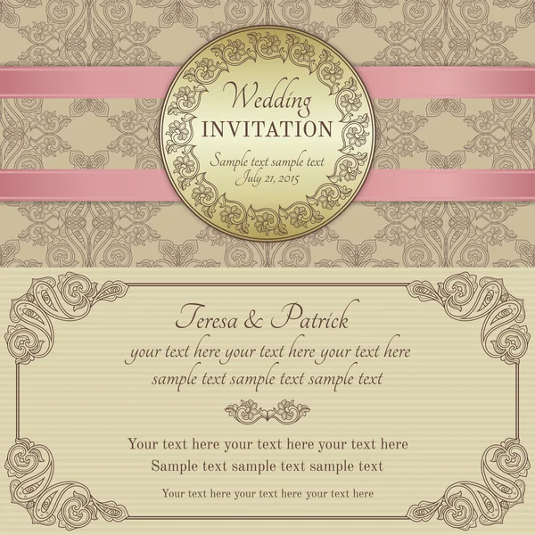 Barokke bruiloft uitnodiging, goud, bruin en beige — Stockvector