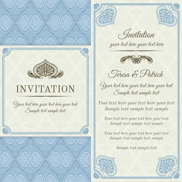 Baroque invitation, gold, blue and beige — Stock Vector