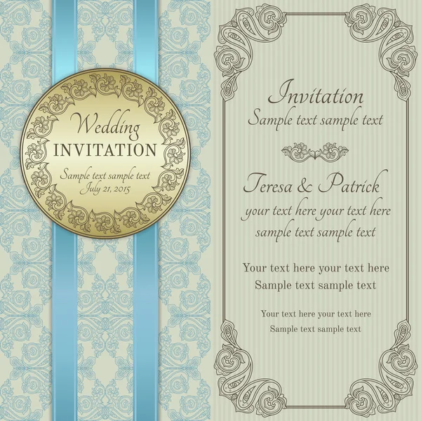 Convite de casamento barroco, ouro, azul e bege — Vetor de Stock