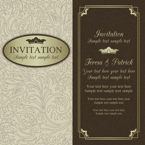 Invitación de boda barroca, beige, marrón y oro — Vector de stock